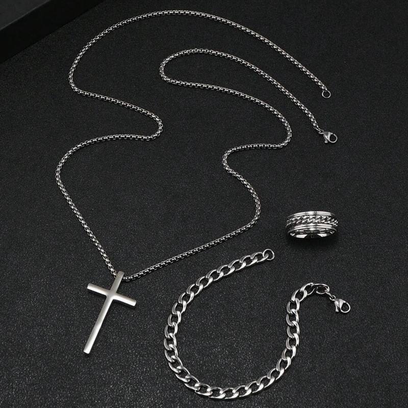 Cross-border temu Siyin Cross Jewelry Set, street fashion hip-hop style 3-piece men's accessories, versatile Application Scenario