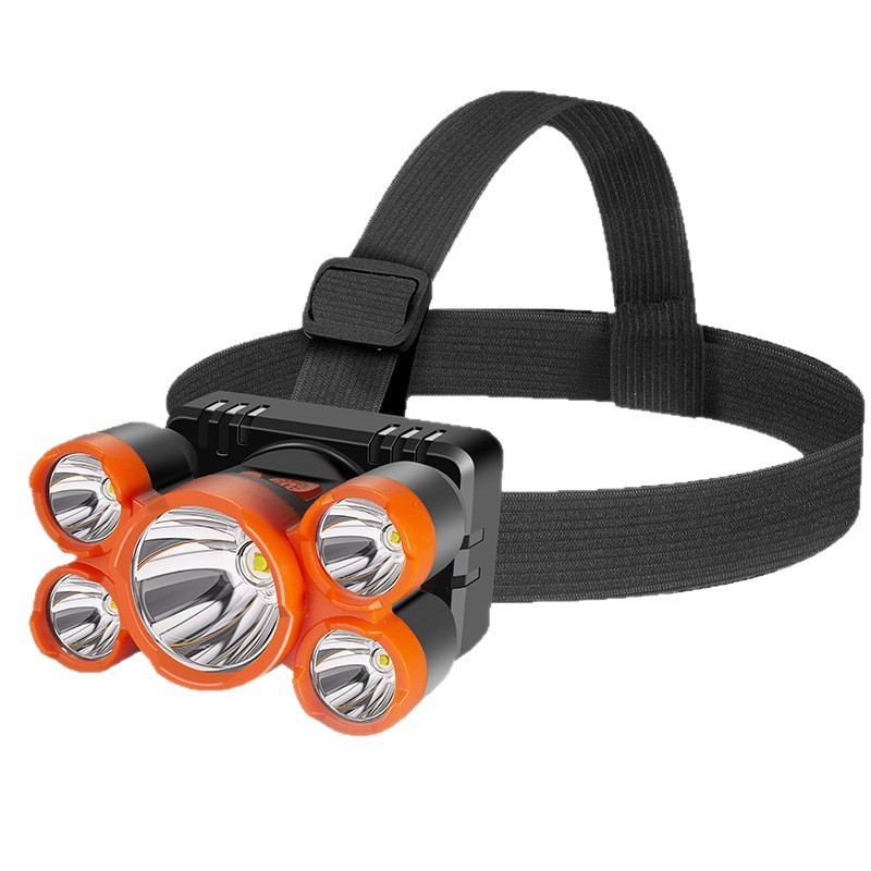 5-core high-power LED strong bald light, USB fast charging, outdoor camping lighting, waterproof night fishing, strong light long-range shooting