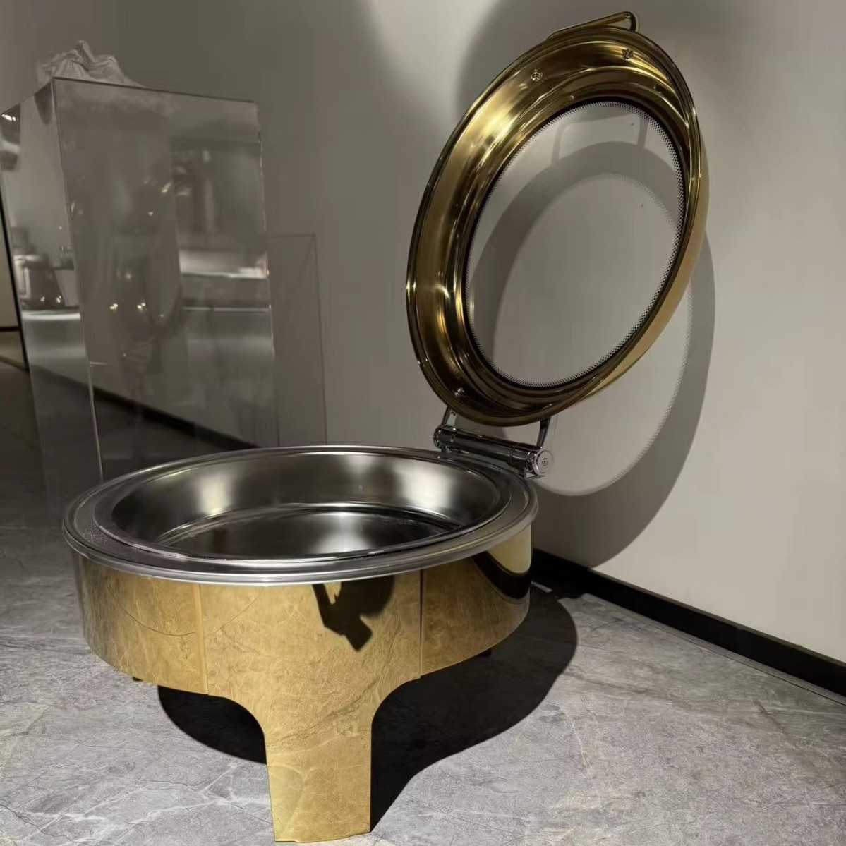 High-quality 6L round self-service stove set with visible glass cover, stainless steel, hotel commercial kitchen equipment details Picture