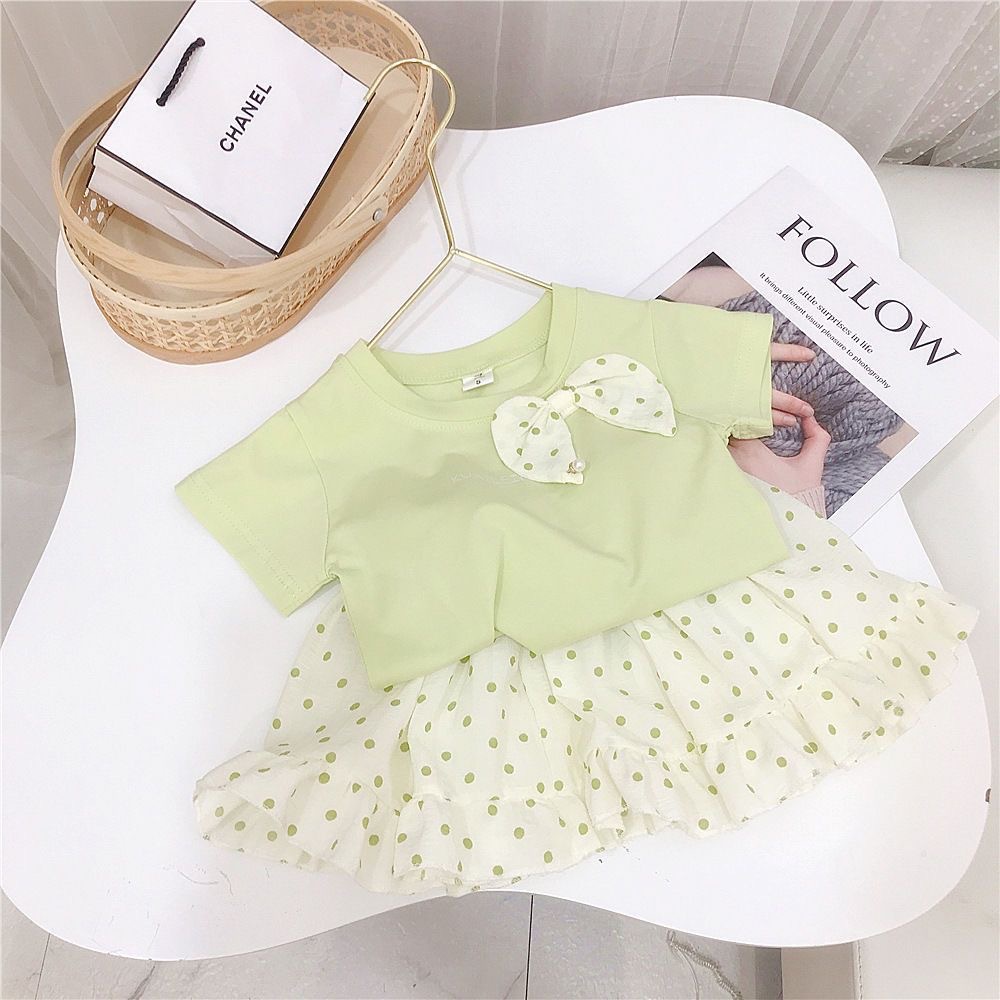Summer girls' and children's short-sleeved T-shirt top + polka dot mini skirt two-piece children's stylish T-shirt set Specification image