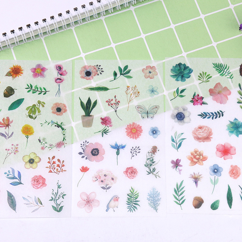 原创创意手账贴艳丽彩色花朵植物水彩清新素材和纸贴纸6张入