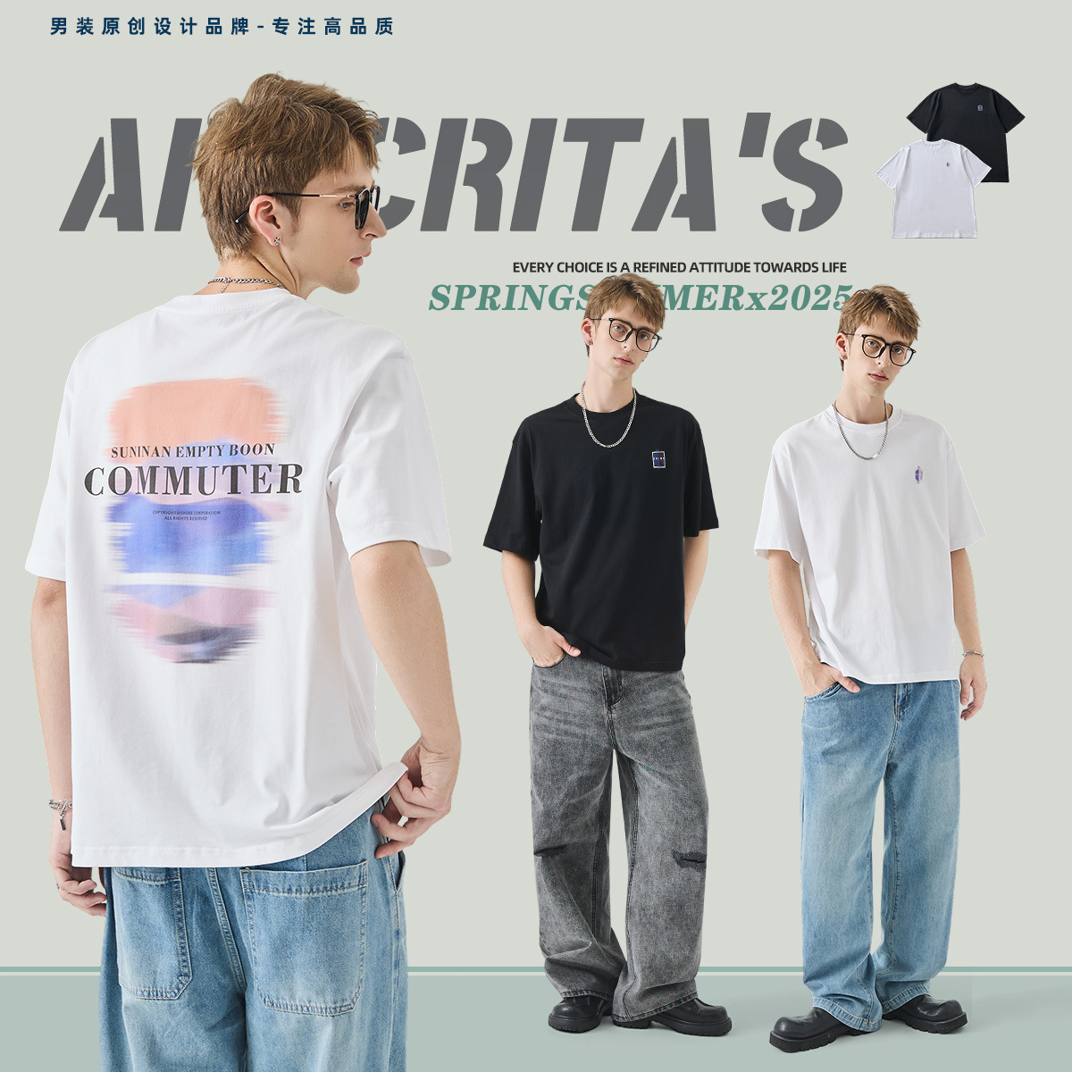 APO men's Wear: Pure cotton printed short-sleeved T-shirt for men, a loose and versatile light luxury trendy brand for summer, breathable inner layer top