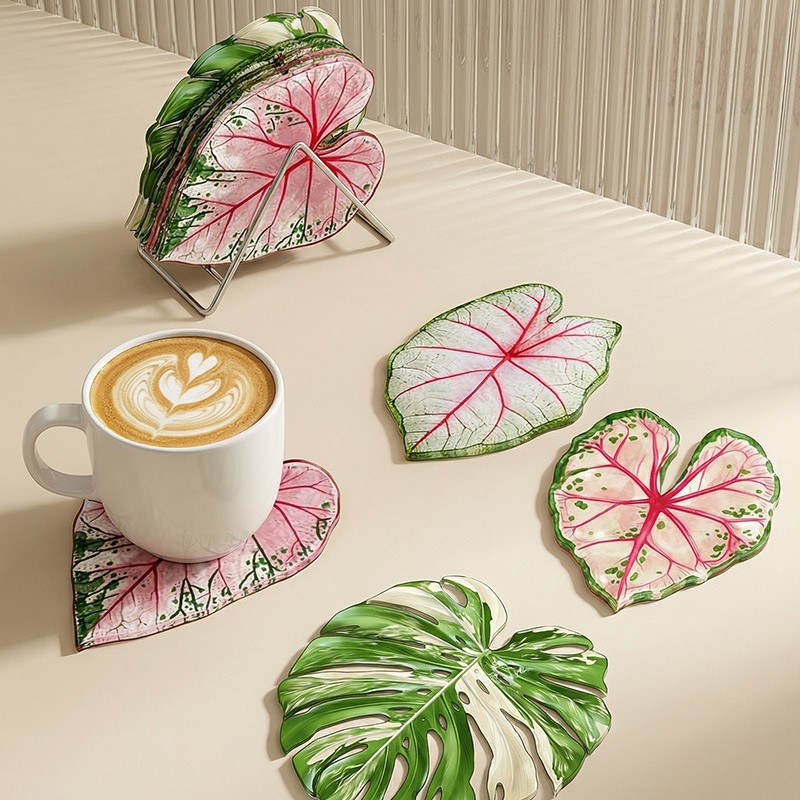 Tropical plant coasters in ins style, solid color, high-end, light luxury, heat-insulating, heat-resistant and easy to clean acrylic coasters Item Picture