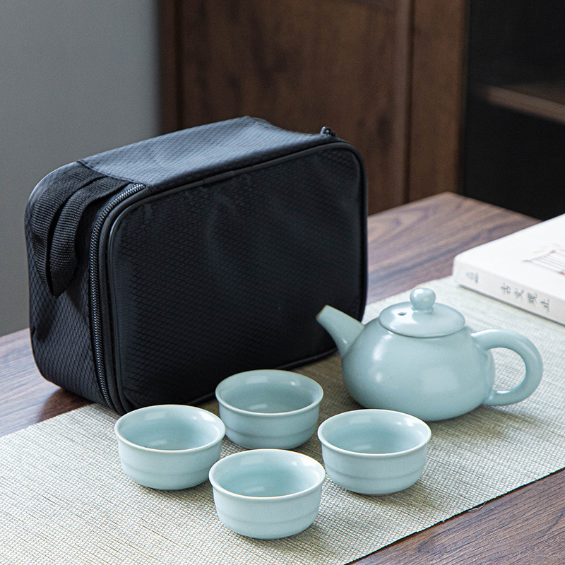 Ru Kiln Ge Kiln Kung Fu Tea Set, portable bag, one pot, four cups, Ceramic travel tea set, gift logo