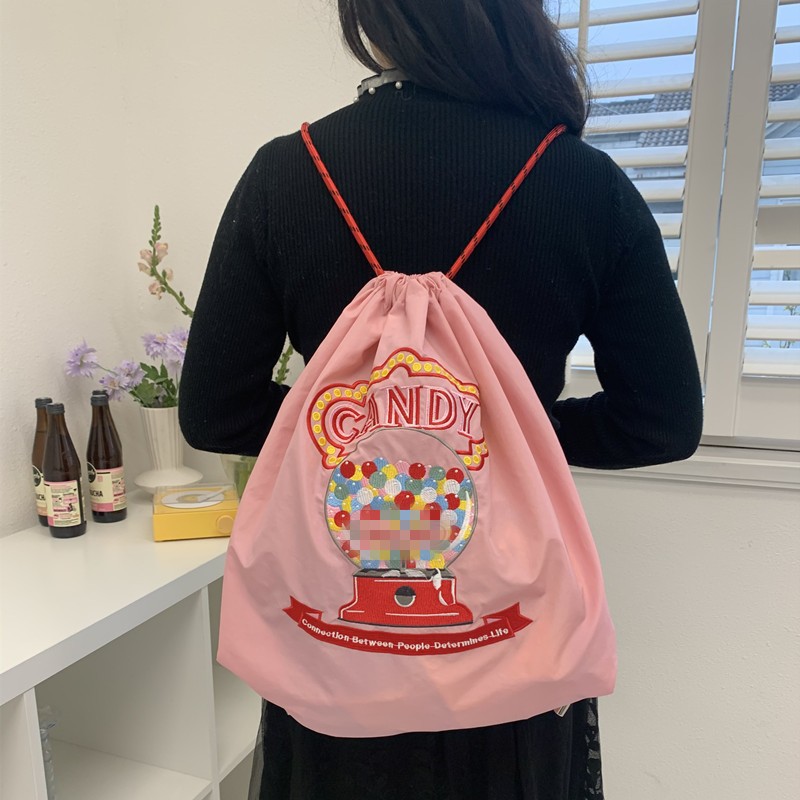 Japanese-style fashionable backpack, cute cartoon, eco-friendly drawstring, large-capacity embroidered, casual student bag, street trend