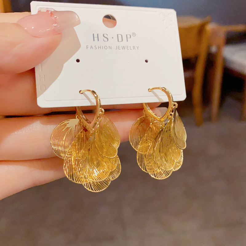 欧美复古夸张金属镂空银杏叶耳扣气质时尚简约个性独特设计感耳坠
