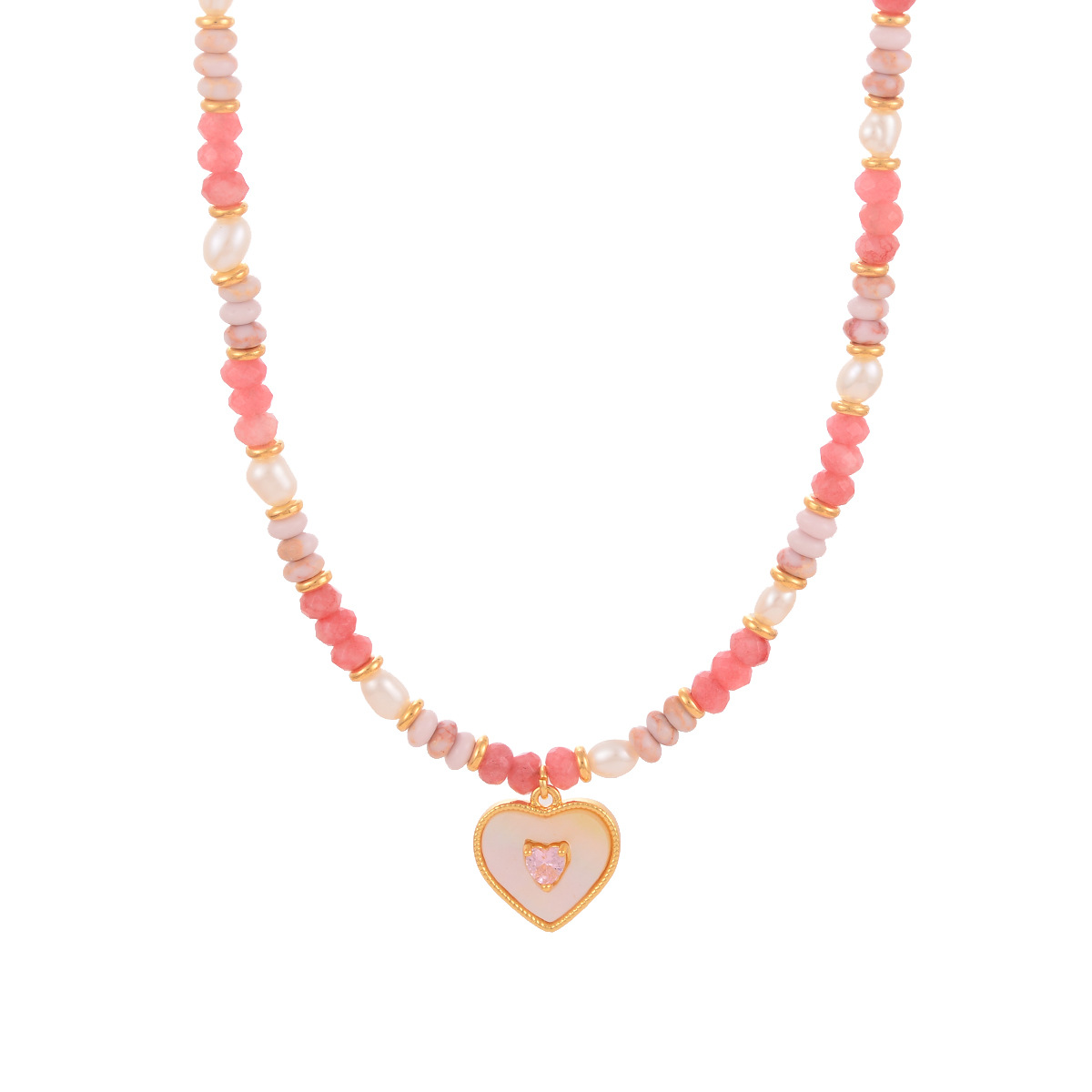 Simple and fresh heart-shaped geometric necklace, summer versatile beaded dopamine necklace, fashionable new collarbone chain for women Item Picture