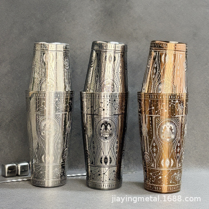 新款星空蚀刻调酒器 美式不锈钢厅杯跨境波士顿调酒杯手摇shaker
