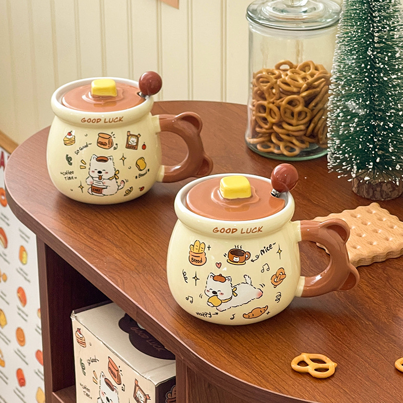 Xigaodi Puppy Ceramic Cup with Lid Spoon, high appearance level for girls, home and office mug, Birthday gift, Souvenir Specification image
