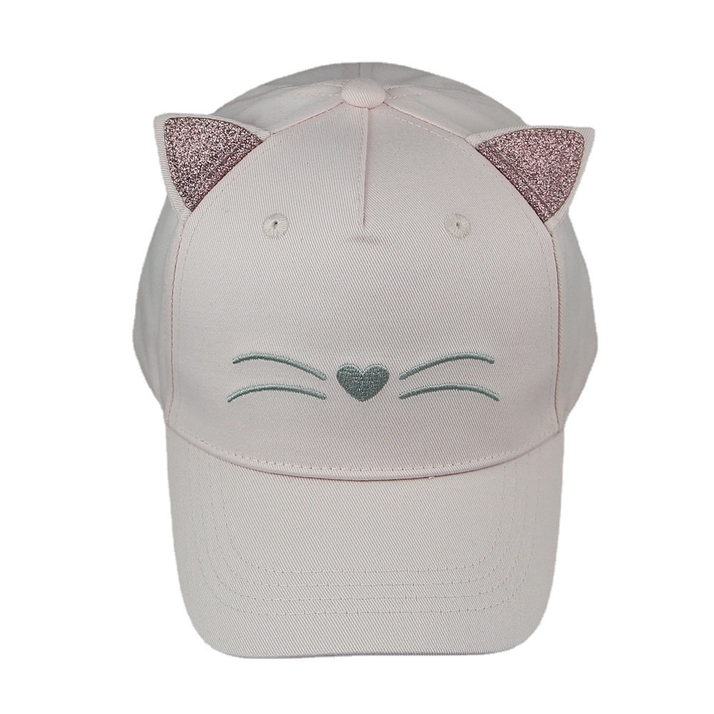 The hat factory produces children's hats, pink cotton cat sunshades, cute printed bright pink spring and summer net caps, breathable baseball caps Item Picture
