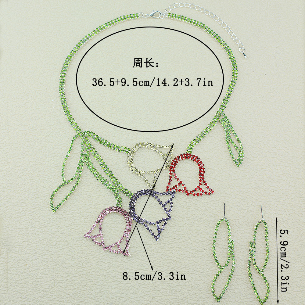 Cross-border European and American design sense rose color rhinestone necklace + earrings jewelry set, exaggerated and fashionable women's personalized accessory set Item Picture