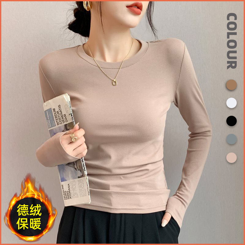A high-end round-neck base layer for women's autumn and winter, a slimming and form-fitting T-shirt, paired with a solid-colored German velvet warm long-sleeved top