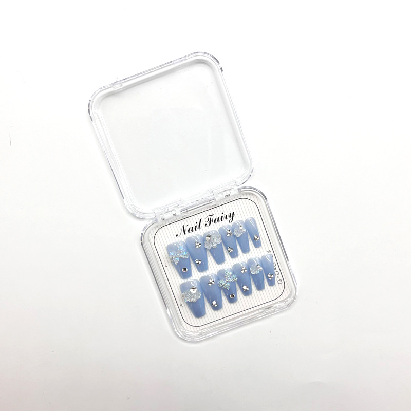 Water blue cat's eye nail patches, long diamond-encrusted camellia, handcrafted wearable nails, fashionable and sweet details Picture