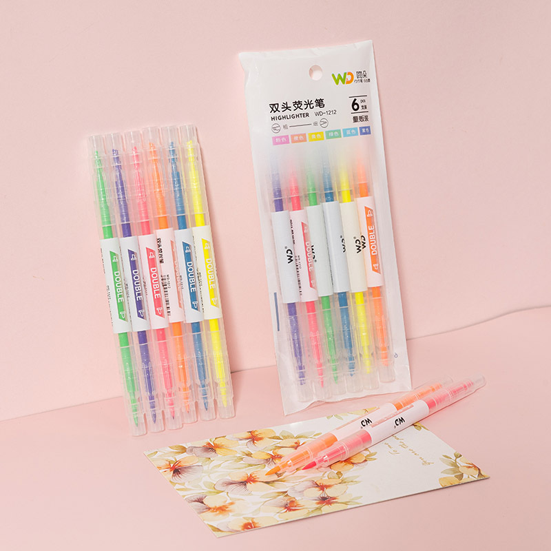 吻朵 6色6支双头荧光笔学生用彩色笔重点划线标记笔斜头荧光笔产品图