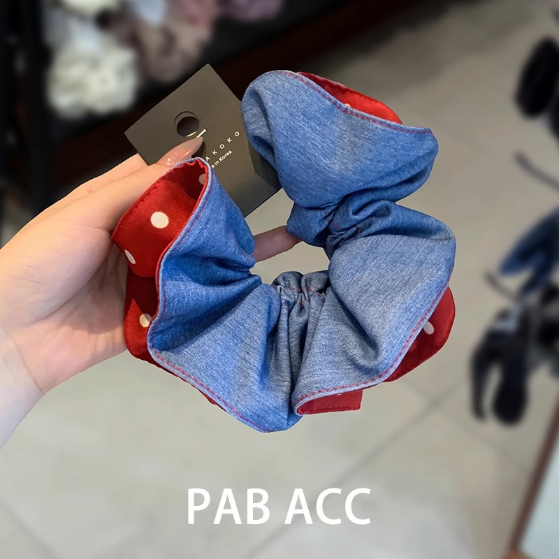 High-end AB side denim blue polka dot pleated fat intestine band double-layer hair binding three-dimensional durable leather band hair band purchased through a Korean agent Specification image