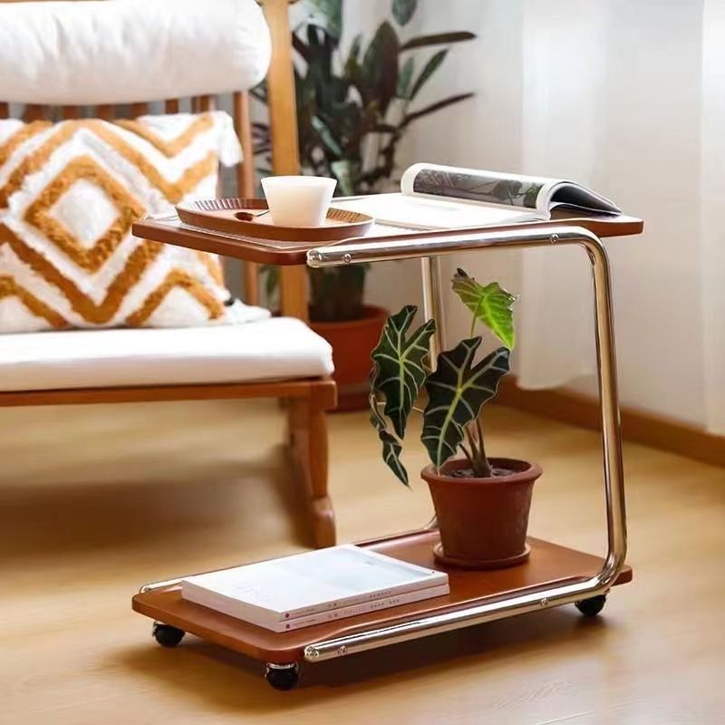 Side table, living room coffee table, mobile trolley, simple solid wood glass storage rack, popular sofa, home corner table Application Scenario