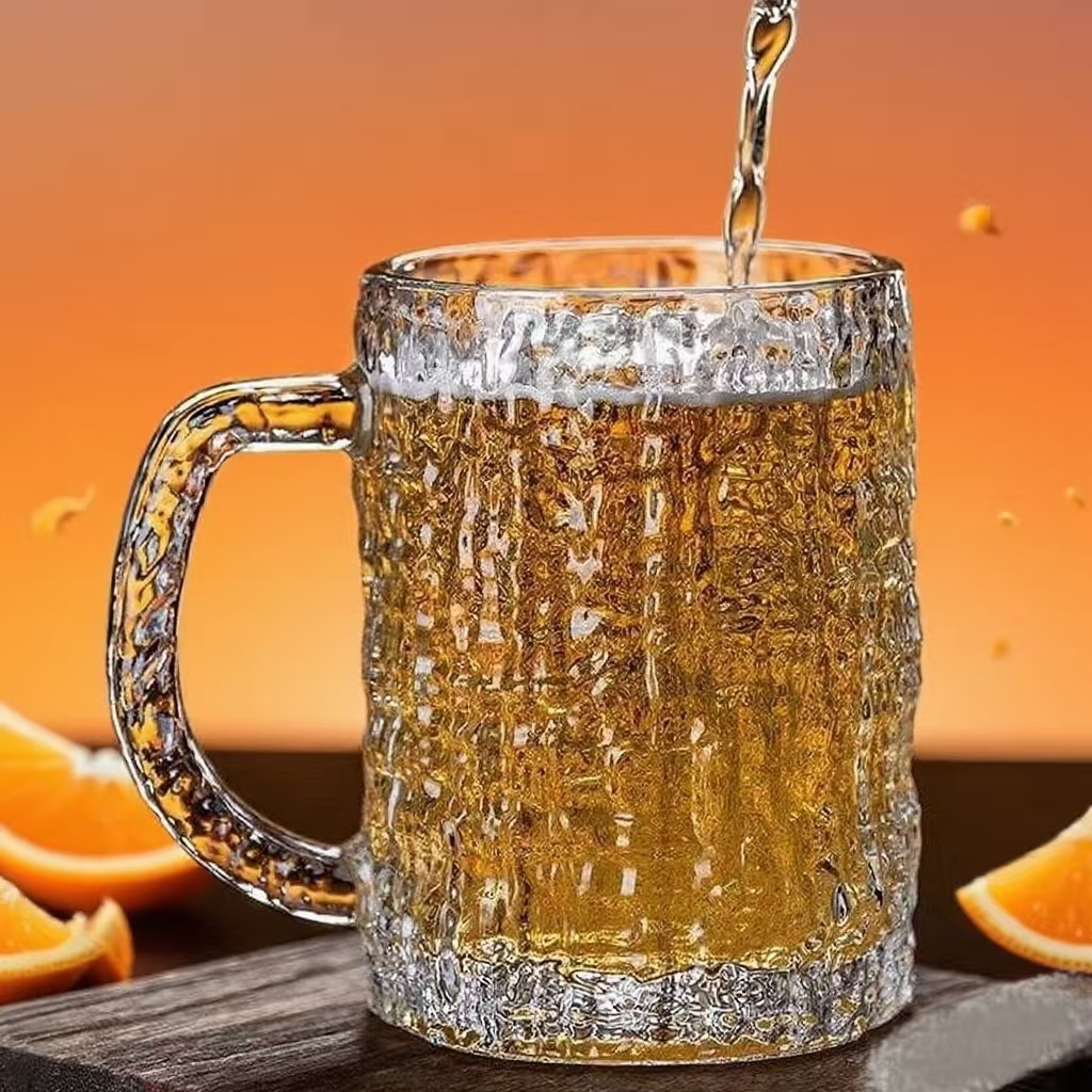 Large-capacity creative craft bark beer mug with handle, thickened glass draft beer, simple home glass cup