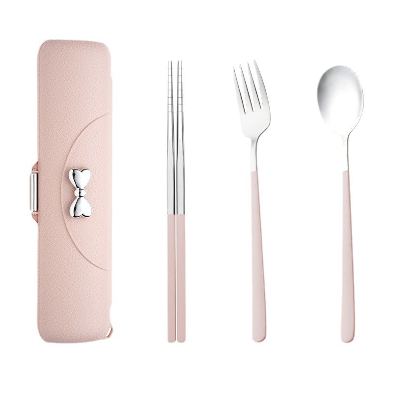 304 stainless steel portable tableware for students, high appearance level, bow-shaped leather-textured tableware box, spoon, fork and chopsticks set Item Picture