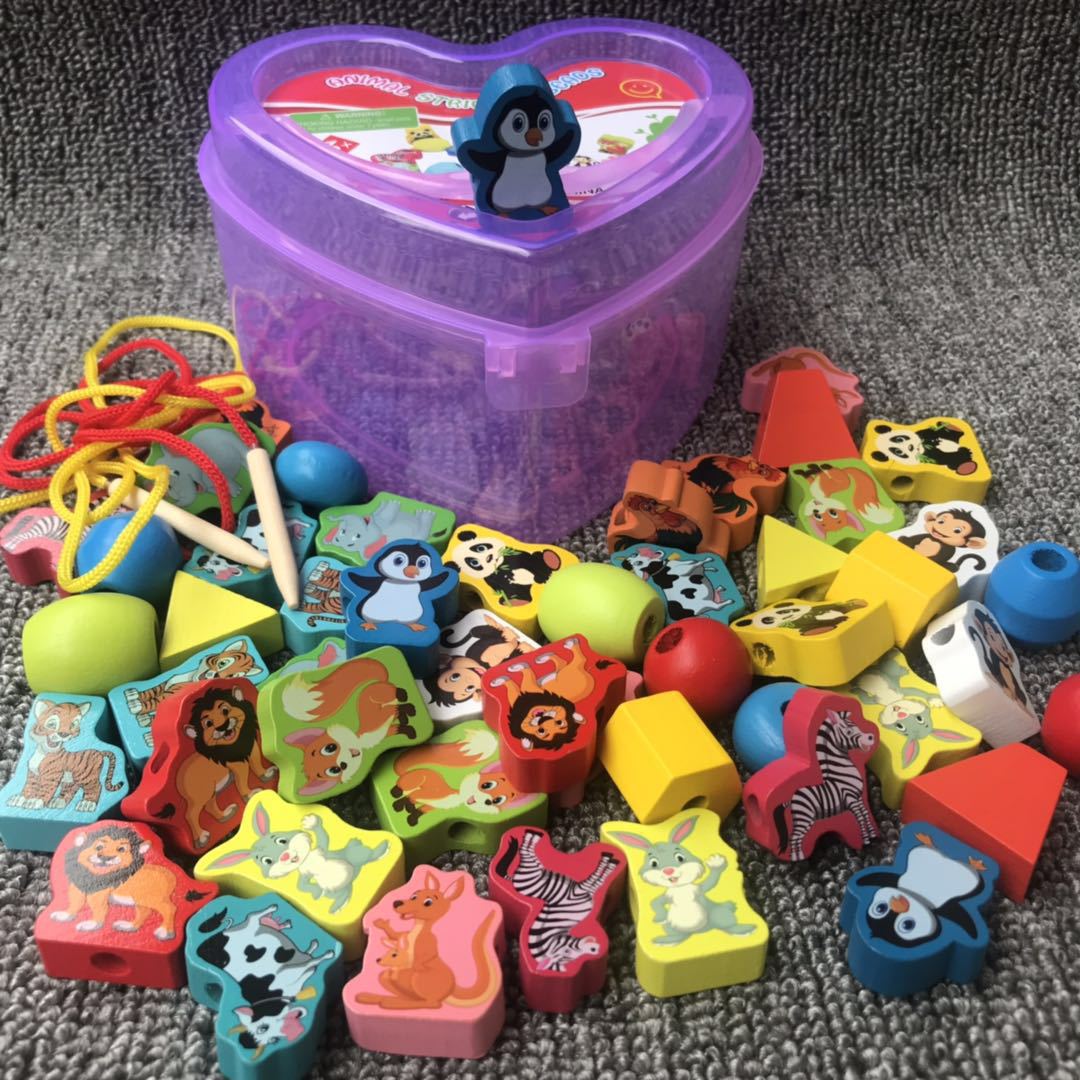 爱心盒串珠木质早教婴幼儿手眼协调玩具串珠水果动物穿线串珠子