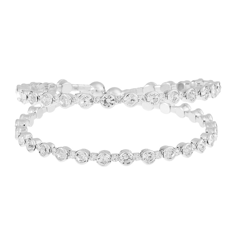 Wholesale cross-border European and American 2-row steel wire elastic rhinestone open bracelet for women, creative design sense diamond-encrusted jewelry Specification drawing