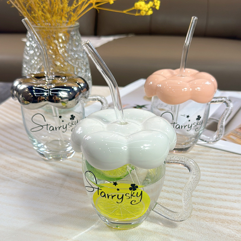 Glass cups, water cups, girls' couple drinking cups, high appearance level, new office straw cups, coffee cups, breakfast cups