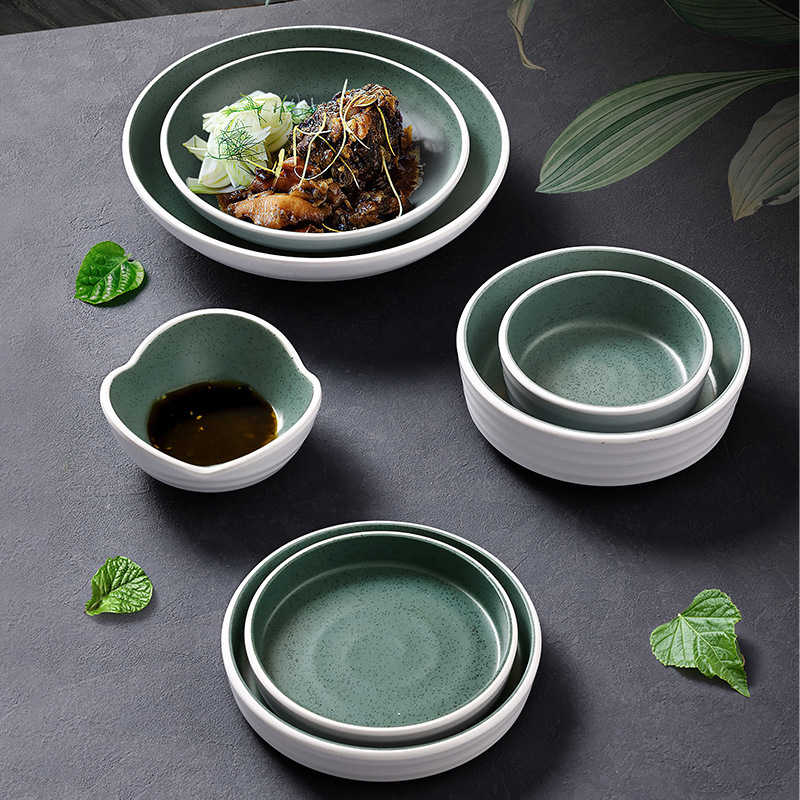 Customized commercial Chinese fast food restaurant self-service small bowl dish melamine set, school cafeteria fast food plate, compartments plate details Picture