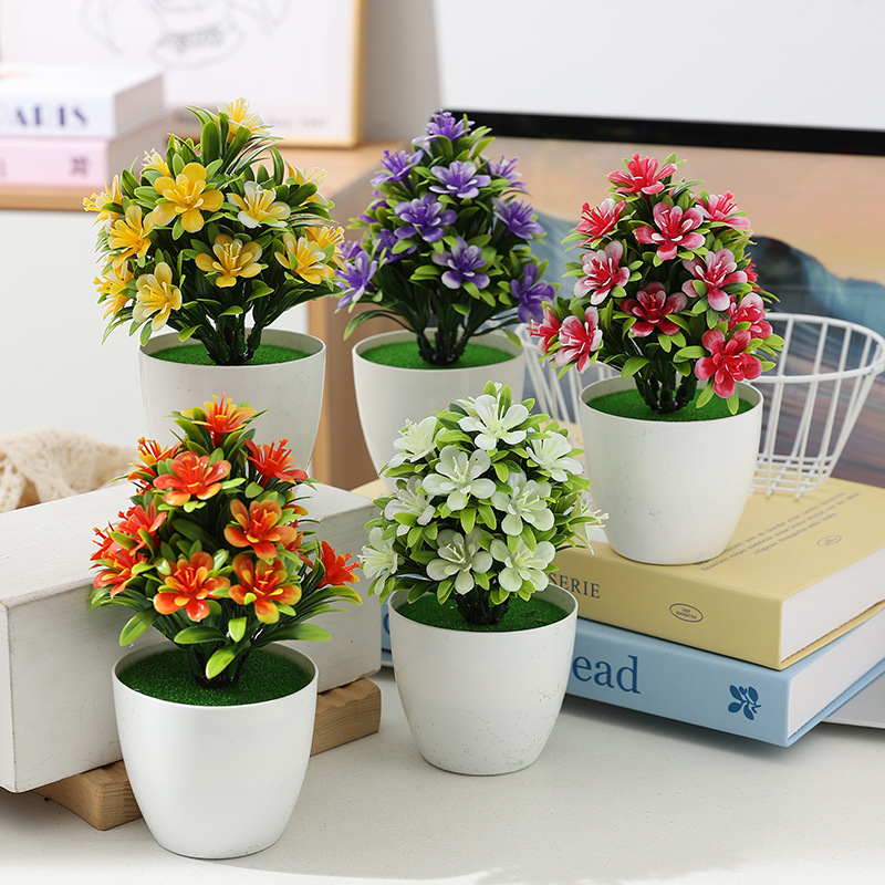 Artificial flower potted plants, indoor home dining table decoration small ornaments, five-leaf plum blossom potted plants, plastic flowers, cross-border plants details Picture
