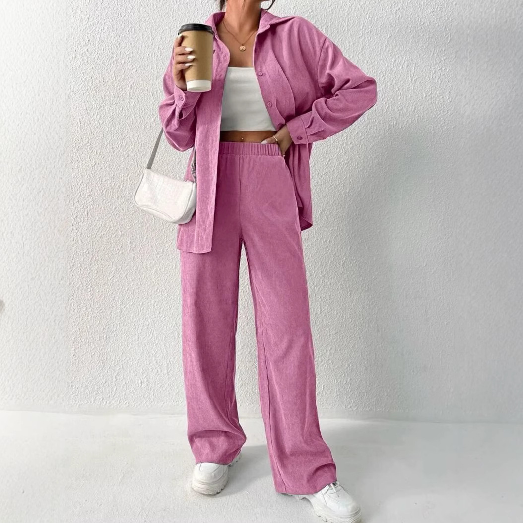 European and American women's clothing 2023 Autumn new collection: Solid color long-sleeved shirt coat, wide-leg long pants, casual two-piece set full figure