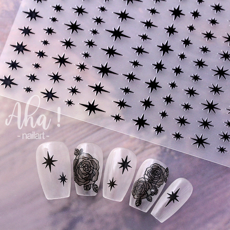 Wholesale of popular sweet and cool nail accessories, including gold and silver starlight, black and white, and colorful five-pointed star 3D self-adhesive nail stickers Application Scenario