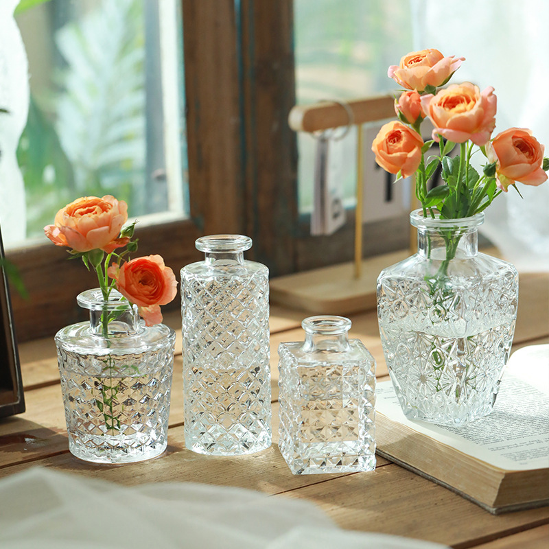 法式复古浮雕玻璃小花瓶ins透明小口径水培绿植花器家居桌面摆件