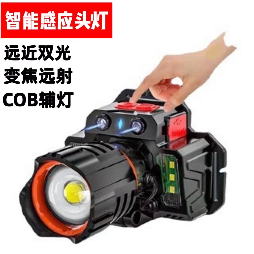 新款跨境p50远近光变焦cob感应头灯可充电强光户外头戴式夜钓灯