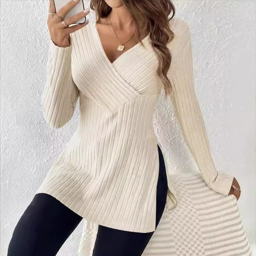 2024 Cross-border women's clothing Amazon Autumn/Winter New long-sleeved solid color V-neck casual home striped top Application Scenario