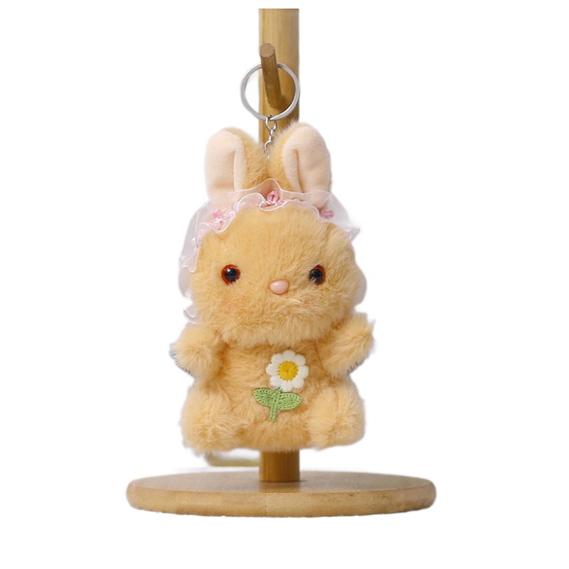 Cartoon headscarf, flower-hugging rabbit pendant, cute plush toy doll, bag, hanging decoration, doll, keychain, doll Item Picture