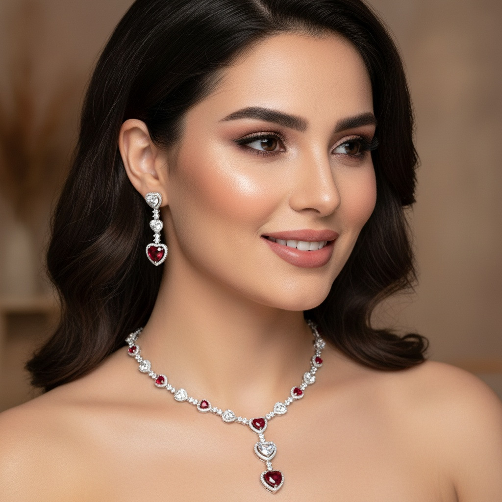 European and American bride's banquet dress, tassel heart-shaped teardrop zircon, simple, sweet and versatile heart necklace, earrings set