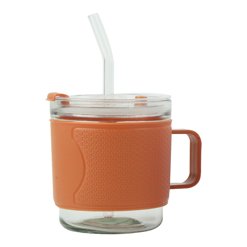 New personalized coffee cup, thickened glass cup, juice cup, lemon drink cup, handle straw cup, straw double-drinking cup Item Picture