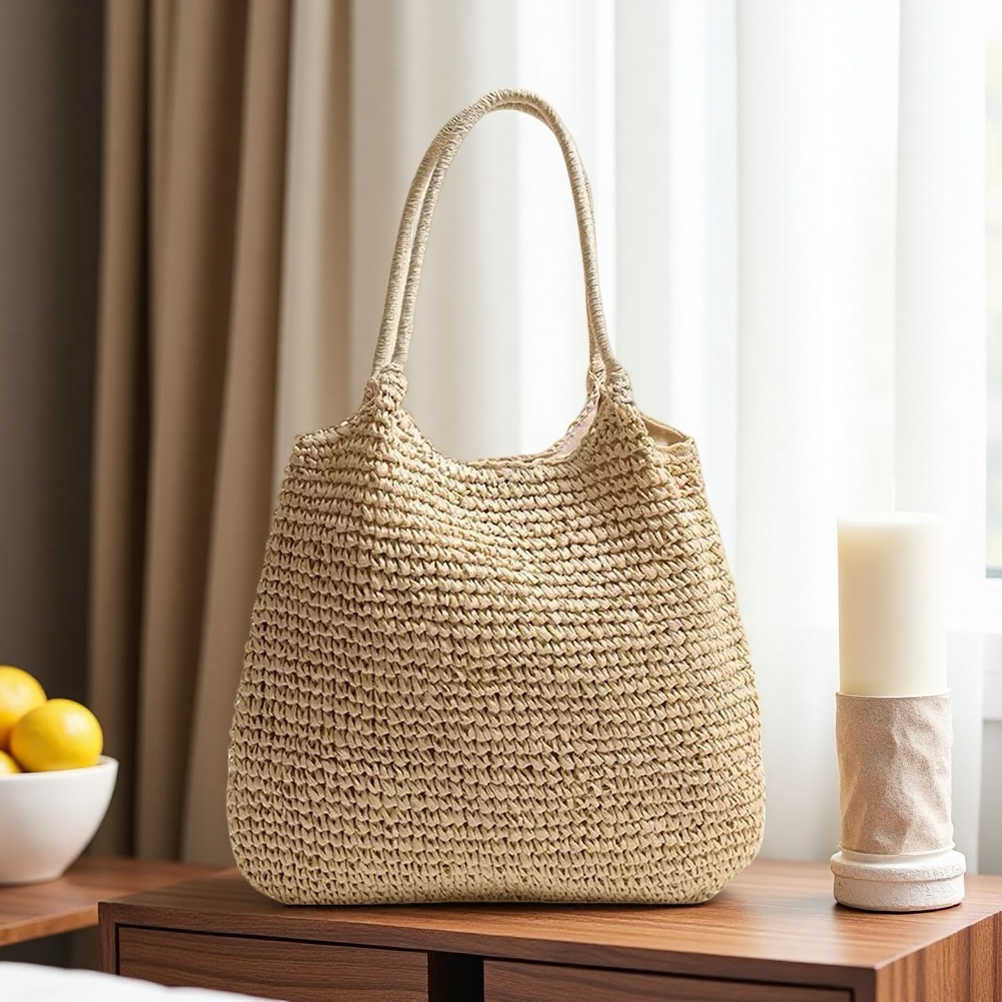 Cross-border straw weaving bag, large capacity, simple tote straw weaving bag, hand-woven bag, commuter tote bag, underarm single-shoulder bag, straw bag, beach bag, straw weaving bag Specification image