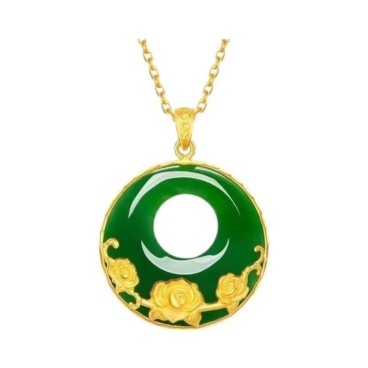 Gold rose, jade, peace pendant, brass gilded flower, noble lady, retro pendant necklace Item Picture