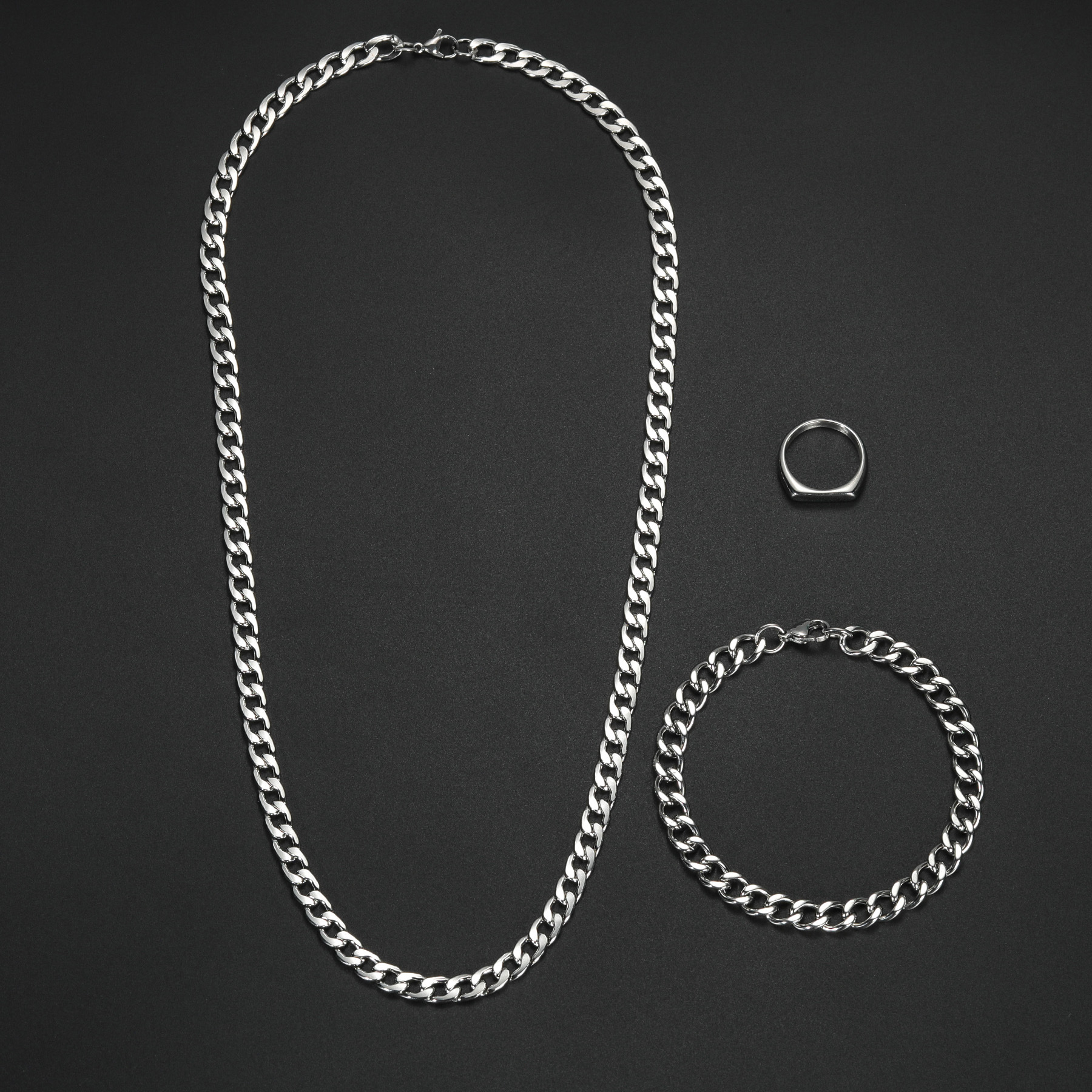 A three-piece titanium steel necklace and bracelet set with a neutral hip-hop style from Europe and America, a cross-border bestseller from Shein details Picture