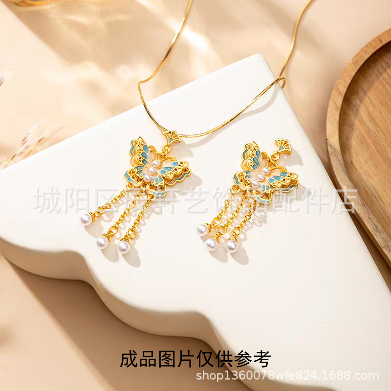 幽梦蝶生珐琅蝴蝶吊坠越南沙金珍珠首饰久不掉色锁骨项链女批发