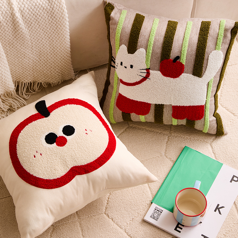 Cartoon dopamine throw pillow, Apple living room sofa cushion, square headrest, cute core-filled pillow cover Application Scenario