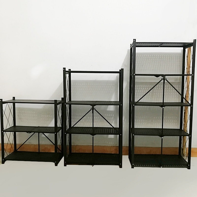 The folding storage rack is made of five layers of black steel pipes welded and assembled for storing sundries, books and kitchenware Specification image