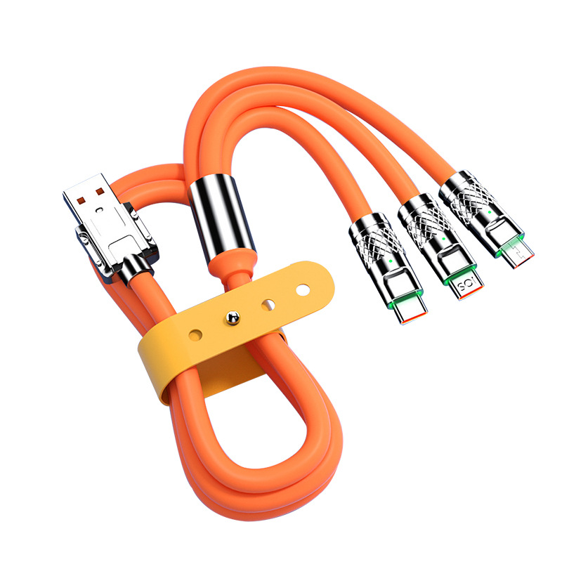 In-stock one-tow three-machine passenger data cable, zinc alloy soft rubber car 120W super fast charging three-in-one mobile phone cable Item Picture