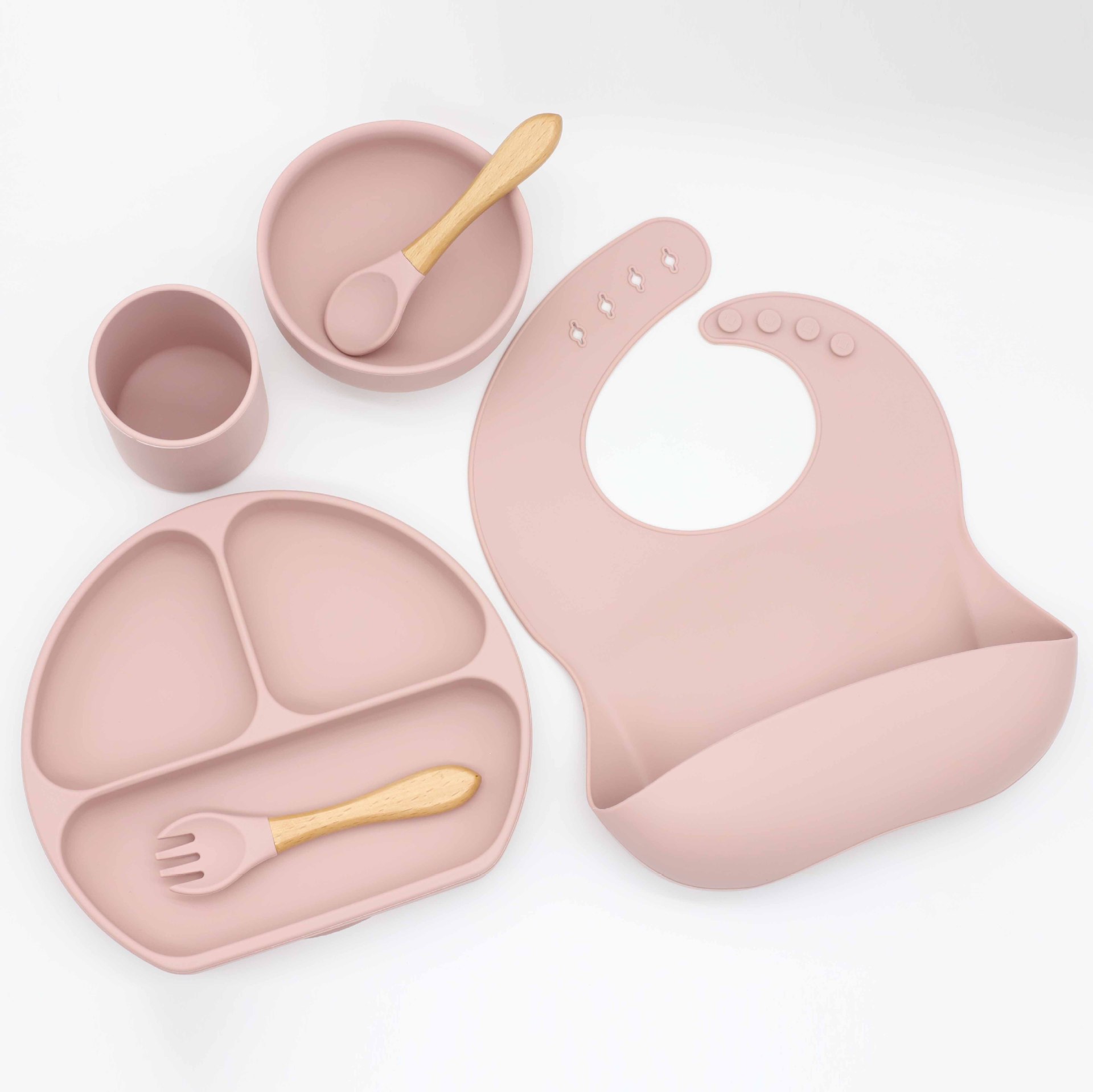 速卖通热销款6件套婴儿围兜餐圆碗勺叉分格餐盘辅食硅胶餐具套装白底实物图