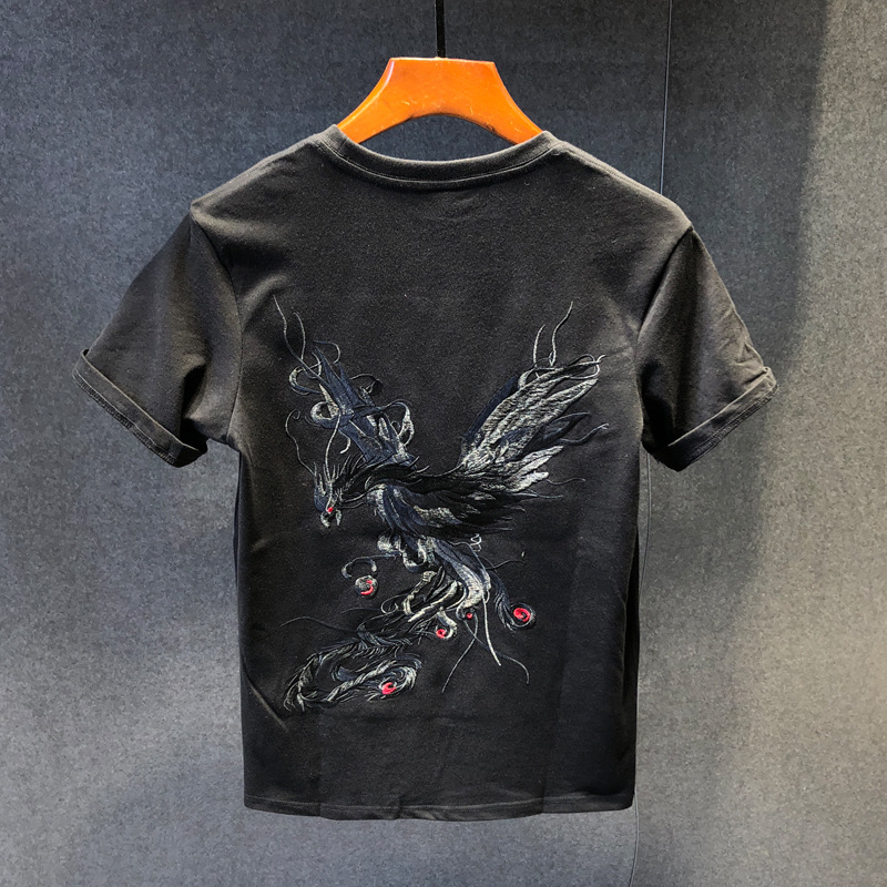 Summer Chinese trend embroidered half-sleeved T-shirt for men, loose and thin short-sleeved, phoenix embroidered casual round-neck T-shirt, breathable Specification image