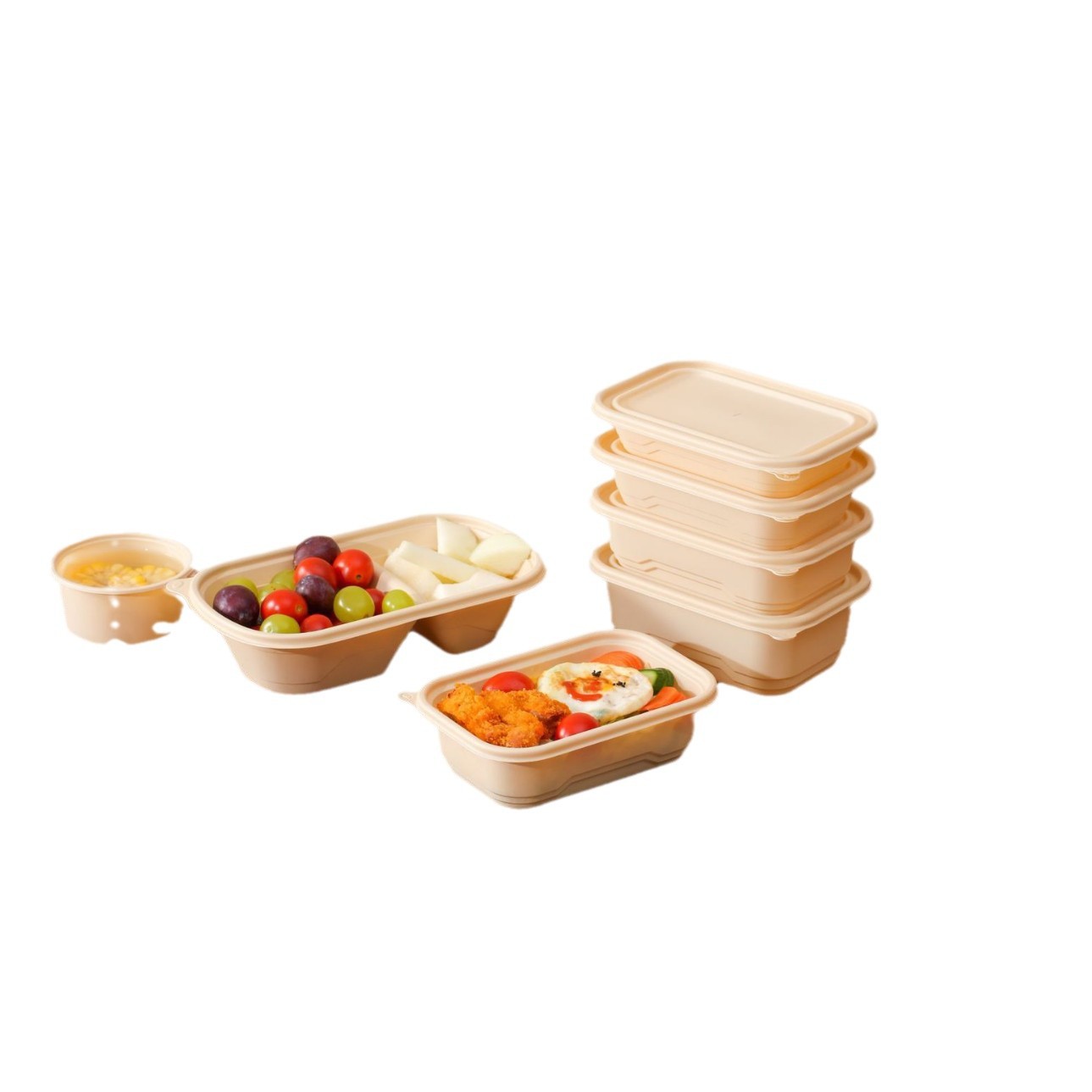 Biodegradable corn starch lunch boxes, environmentally friendly, heat-resistant and refrigerable, three-compartment and four-compartment packing boxes, five-compartment and six-compartment bento boxes Application Scenario