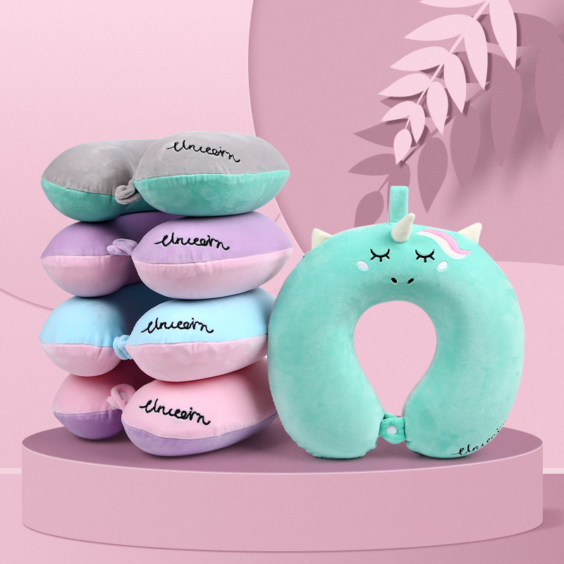 Customized cartoon animal U-shaped pillow, unicorn cartoon animal memory foam PP cotton foam particle neck pillow, customized travel pillow Specification image
