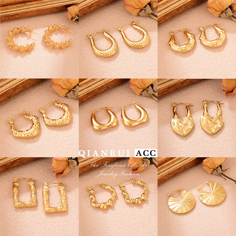 时尚复古简约大气不锈钢小众个性不锈钢纹理时尚扭纹U型耳环批发