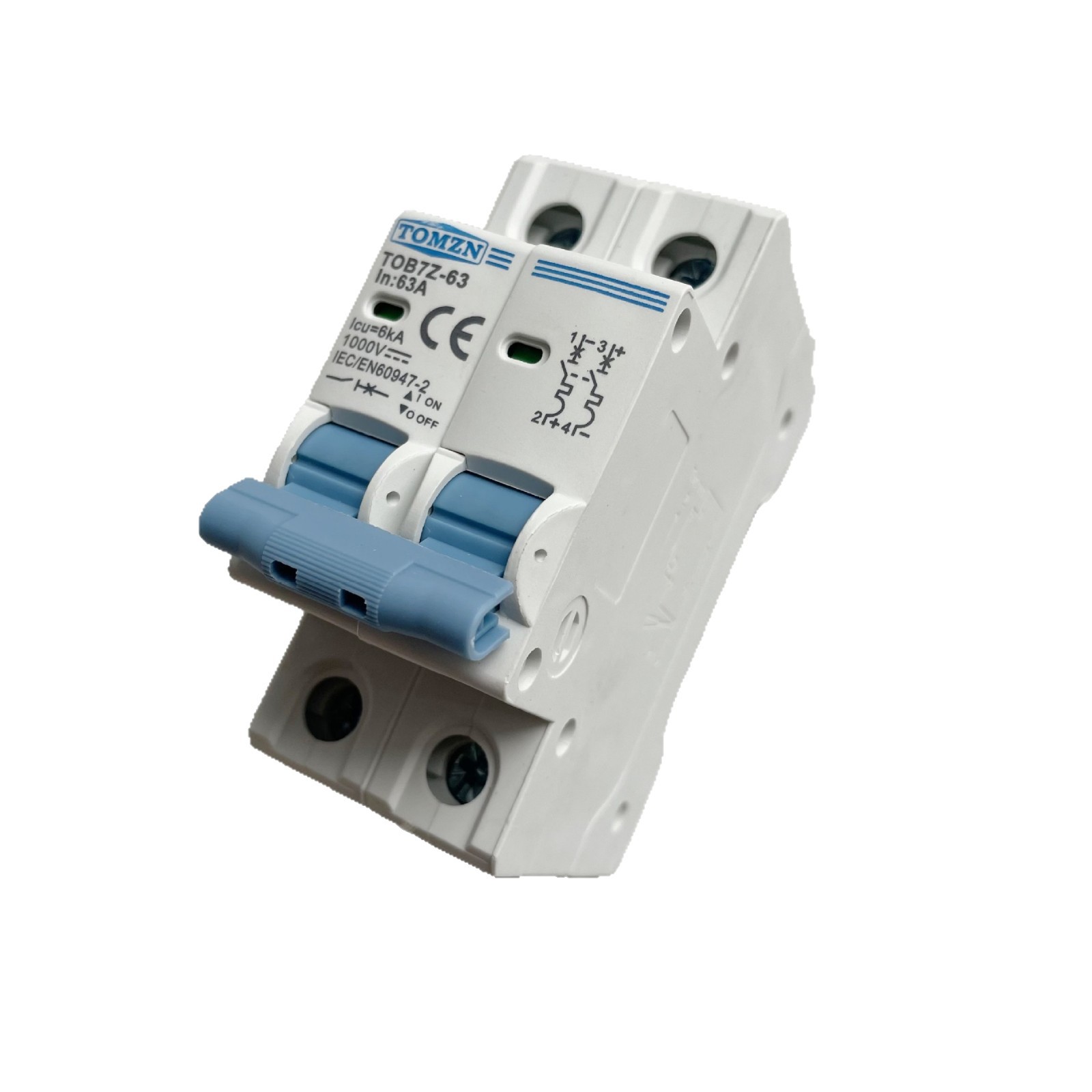 TOMZN光伏直流小型断路器DC1000V2P63A空气开关同正MCB白底实物图