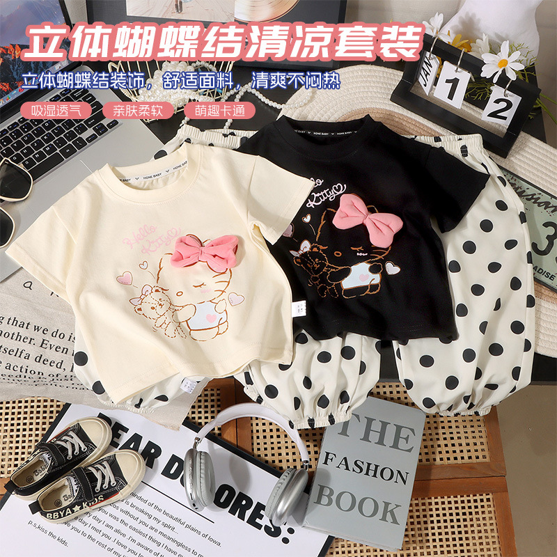 儿童夏季短袖套装女童T恤卡通纯棉波点裤子韩版女宝甜美服装批发a