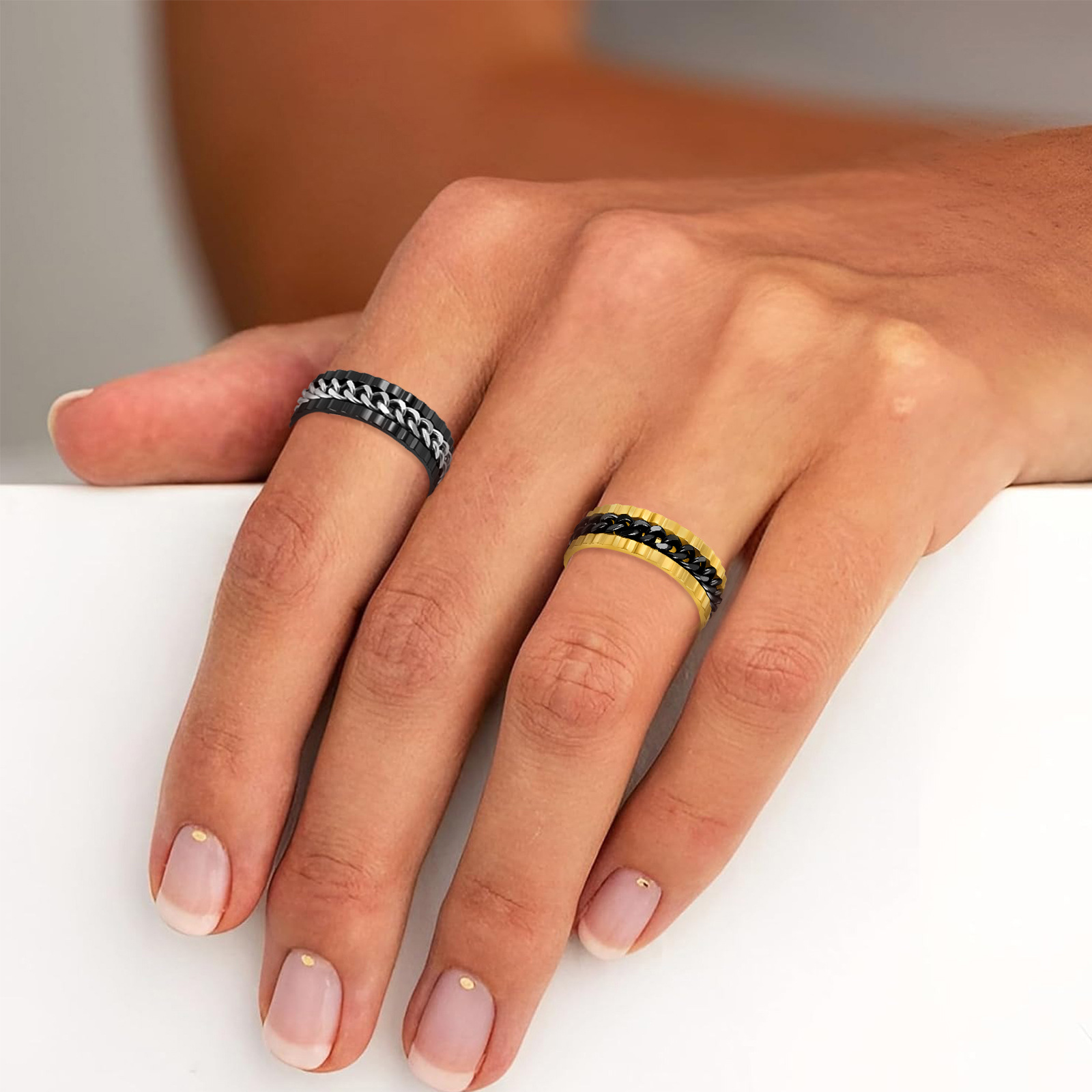 Wholesale of new cross-border European and American men's titanium steel chain rotating rings in 12-color full-color stress-relieving accessories details Picture